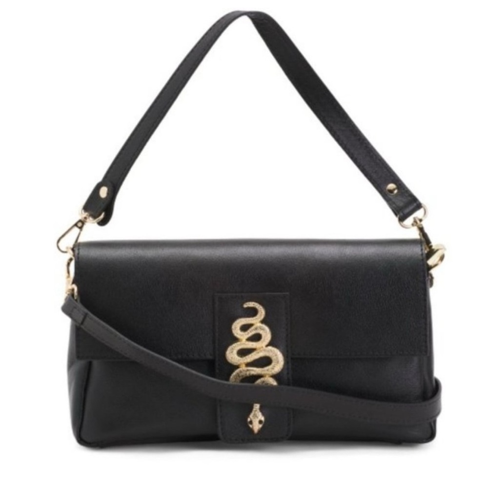 House of Harlow 1960 Designer Black Leather Designer Purse w Gold Snake Detail